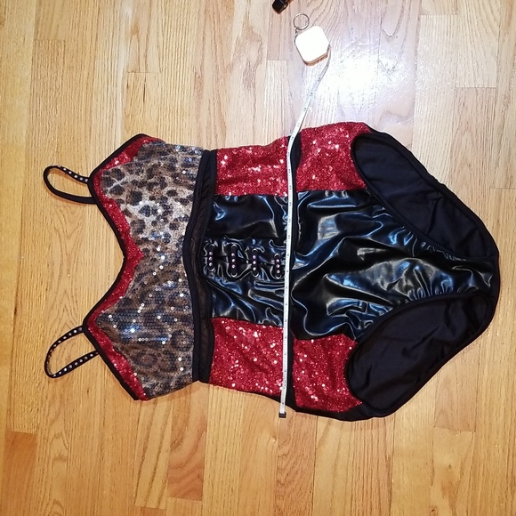 Glamour Dance Costume Red Sequin, Back Pleather & Cheetah - Picture 1 of 12